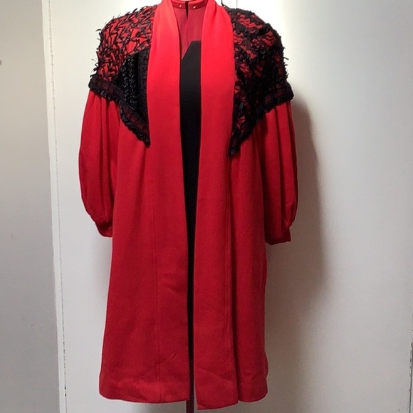 Sachi New York Jackets & Blazers - Vintage Sachi New York Long Red Black Lace Open Front Duster Robe Jacket O/S